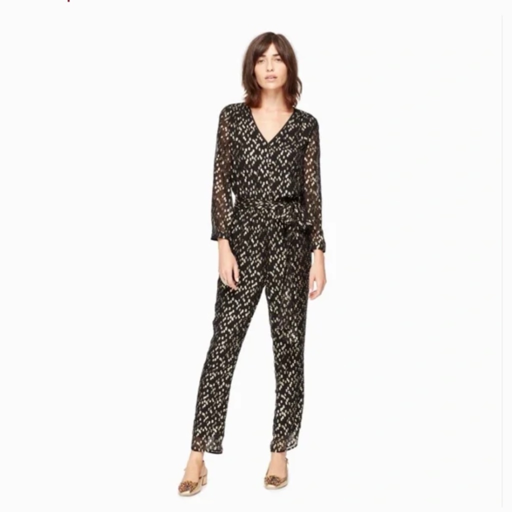 Kate Spade Long-Sleeve Metallic Silk Chiffon Jumpsuit, Black/Gold